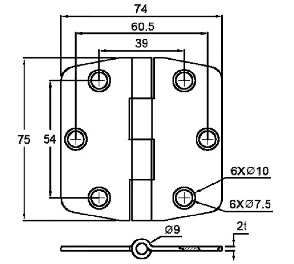 HINGE WITH COVER AND CENTER BARREL MM.74x75